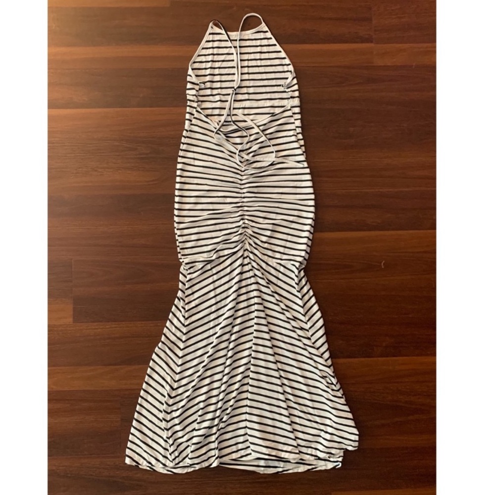 Black White Striped Mermaid Ruched Backless Strappy Halter Bodycon Maxi Dress